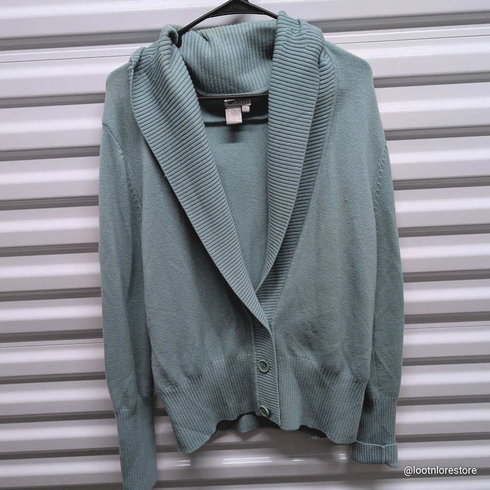 Worth New York Cardigan Sweater Womens Large Green Wool Blend Shawl Collar Knit